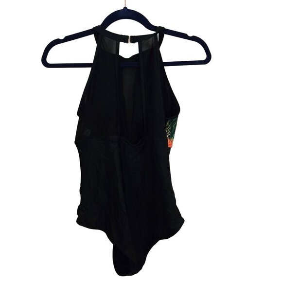 Vintage Push Up Black Tropical Mesh Detail One-Piece Swimsuit Size L - Picture 3 of 8